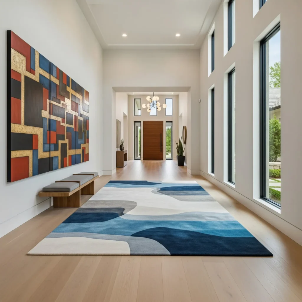 Area rug placed in a wide high-traffic entryway